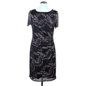 Women's Adrianna Papell Black Pink Sheer Lace Short Sleeve Cocktail Dress sz 10